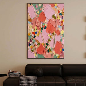 A 100% handmade abstract garden oil painting featuring a dense arrangement of heavy-textured, colorful flower petals in candy pink, coral, and yellow, painted with bold palette knife strokes.