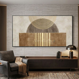 100% handmade abstract geometric oil painting featuring circles and vertical lines in neutral earth tones and gold accents, displayed in a modern minimalist living room setting.