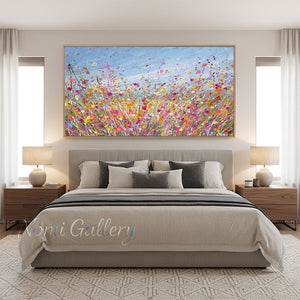 100% Hand-Painted Textured Pink Flower Field Art #SS288