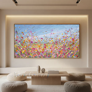 100% Hand-Painted Textured Pink Flower Field Art #SS288