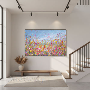 100% Hand-Painted Textured Pink Flower Field Art #SS288