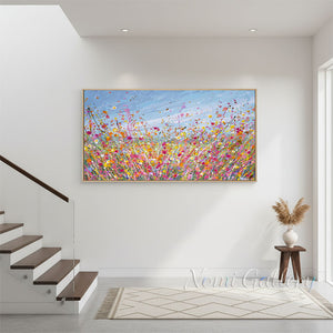 100% Hand-Painted Textured Pink Flower Field Art #SS288