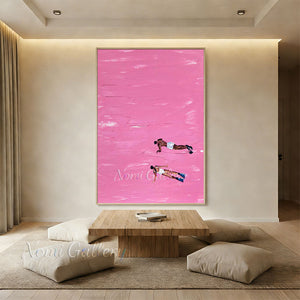 Handmade Abstract Pink Ocean Swimmer Canvas Painting #SS256