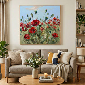 Premium handmade abstract oil painting depicting crimson red poppies and tall green stems under a sky blue sky, rendered with rich 3D palette knife impasto texture.