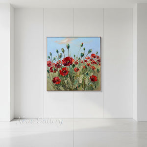 Handmade Abstract Red Poppy Field Impasto Canvas Artwork #TC039