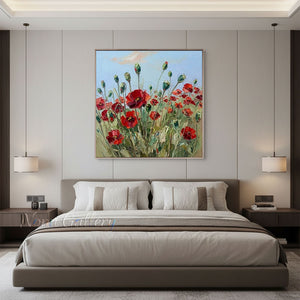 Handmade Abstract Red Poppy Field Impasto Canvas Artwork #TC039