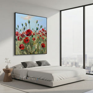 Handmade Abstract Red Poppy Field Impasto Canvas Artwork #TC039