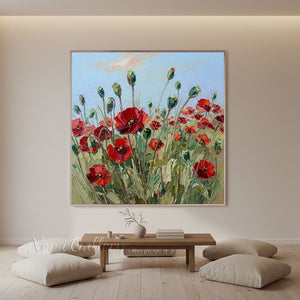 Handmade Abstract Red Poppy Field Impasto Canvas Artwork #TC039