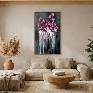 Handmade modern expressionist oil painting showcasing a dense cluster of magenta and deep pink roses with dramatic vertical white and light pink paint drips cascading down against a moody dark green and black gradient background.