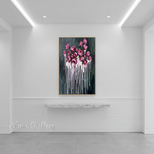 Handmade Abstract Dark Green Magenta Rose Drip Canvas Art #TC020