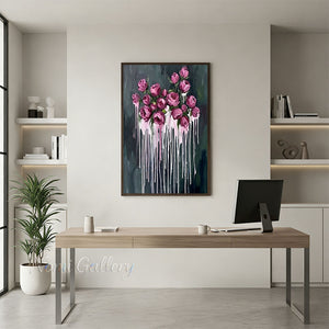 Handmade Abstract Dark Green Magenta Rose Drip Canvas Art #TC020