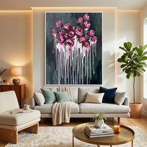 Handmade Abstract Dark Green Magenta Rose Drip Canvas Art #TC020