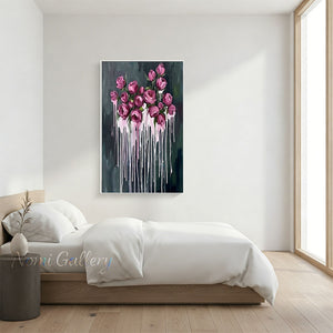 Handmade Abstract Dark Green Magenta Rose Drip Canvas Art #TC020