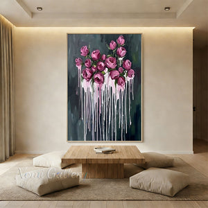 Handmade Abstract Dark Green Magenta Rose Drip Canvas Art #TC020