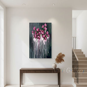 Handmade Abstract Dark Green Magenta Rose Drip Canvas Art #TC020