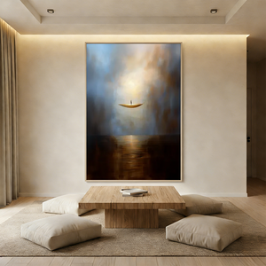 Hand-painted abstract oil painting of a solitary golden boat floating above a dark, reflective sea under a misty, glowing sky, styled for a modern Wabi-Sabi living room.