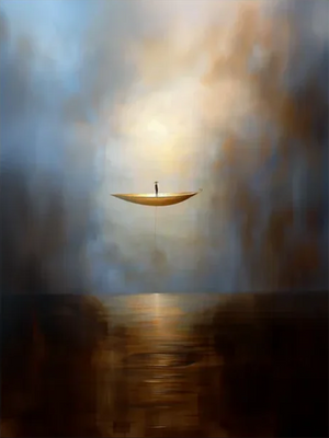 Surreal Golden Boat Oil Painting - Abstract Sea Wall Art #SS057