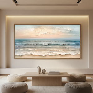 Large horizontal abstract oil painting of ocean waves with heavy impasto texture in blue and beige, displayed in a minimalist modern living room above a wooden coffee table.