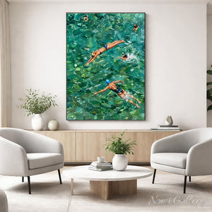 A 100% handmade abstract Impressionist oil painting of swimmers gliding through an emerald and mint green ocean, created with thick textured brushstrokes.