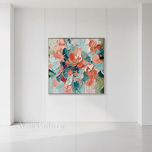 Heavy Impasto Teal & Pink Floral Hand-Painted Canvas Art #SS221