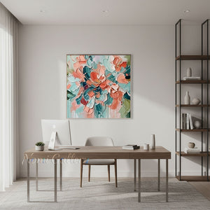 Heavy Impasto Teal & Pink Floral Hand-Painted Canvas Art #SS221