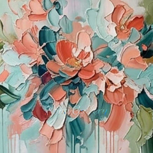 Heavy Impasto Teal & Pink Floral Hand-Painted Canvas Art #SS221
