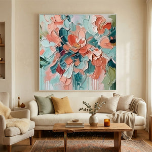 Hand-painted heavy texture oil painting of a dense cluster of blooming flowers in vibrant coral pink and deep teal green with artistic vertical paint drips.
