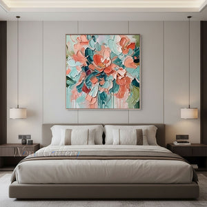 Heavy Impasto Teal & Pink Floral Hand-Painted Canvas Art #SS221