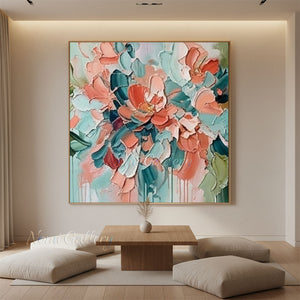 Heavy Impasto Teal & Pink Floral Hand-Painted Canvas Art #SS221