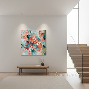 Heavy Impasto Teal & Pink Floral Hand-Painted Canvas Art #SS221