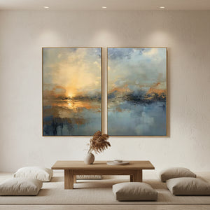 Set of two hand-painted abstract oil paintings depicting a warm golden sunrise over a misty blue landscape with visible palette knife textures and expressive brushwork.