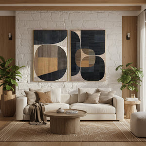 Hand-Painted Modern Boho Abstract 2-Piece Set Black & Ochre Art #SS098