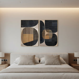 Hand-Painted Modern Boho Abstract 2-Piece Set Black & Ochre Art #SS098