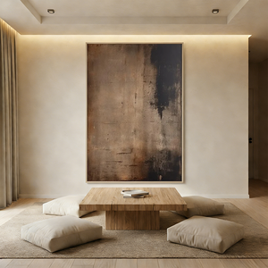 Large handmade abstract oil painting in Wabi Sabi style with deep brown and black textures, styled in a minimalist zen-inspired living room above a low wooden table.