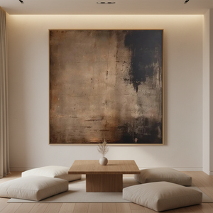 A large hand-painted abstract oil painting titled "Abstract Tranquility" with deep brown and charcoal textures, styled above a wooden sideboard in a serene boho living room.