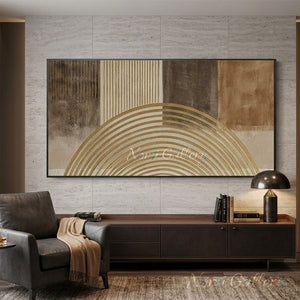 100% handmade abstract Wabi-Sabi oil painting featuring minimalist geometric lines and neutral earth tones, displayed in a modern living room setting.