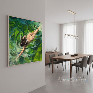 Handmade Impressionist Woman Swimming Green Canvas Artwork #TC041