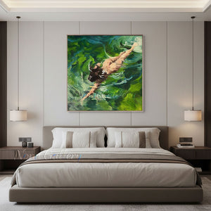 Handmade Impressionist Woman Swimming Green Canvas Artwork #TC041