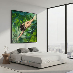 Handmade Impressionist Woman Swimming Green Canvas Artwork #TC041