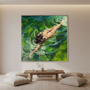 Handmade Impressionist Woman Swimming Green Canvas Artwork #TC041