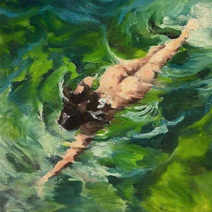 Handmade Impressionist Woman Swimming Green Canvas Artwork #TC041