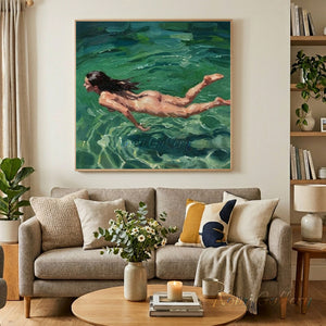 Premium handmade impressionist oil painting depicting a woman swimming gracefully in shimmering emerald green water with rich impasto brushstrokes.