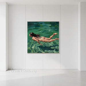 Handmade Impressionist Woman Swimming Emerald Green Canvas Oil Painting #TC040