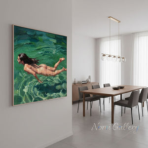 Handmade Impressionist Woman Swimming Emerald Green Canvas Oil Painting #TC040