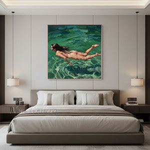 Handmade Impressionist Woman Swimming Emerald Green Canvas Oil Painting #TC040