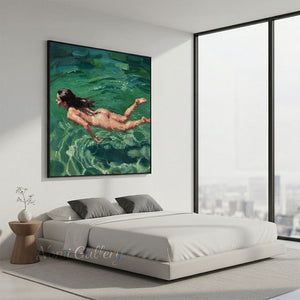 Handmade Impressionist Woman Swimming Emerald Green Canvas Oil Painting #TC040