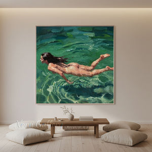 Handmade Impressionist Woman Swimming Emerald Green Canvas Oil Painting #TC040