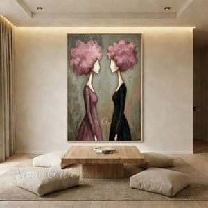 Handmade Abstract Two Women with Floral Hair Canvas Art #TC021