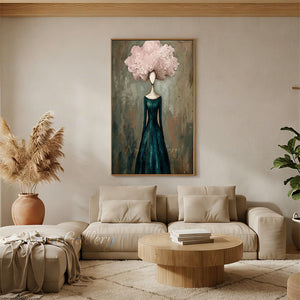 Handmade Abstract Teal Dress Woman with Pink Cloud Hair Canvas Art #TC022