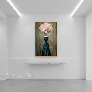 Handmade Abstract Teal Dress Woman with Pink Cloud Hair Canvas Art #TC022